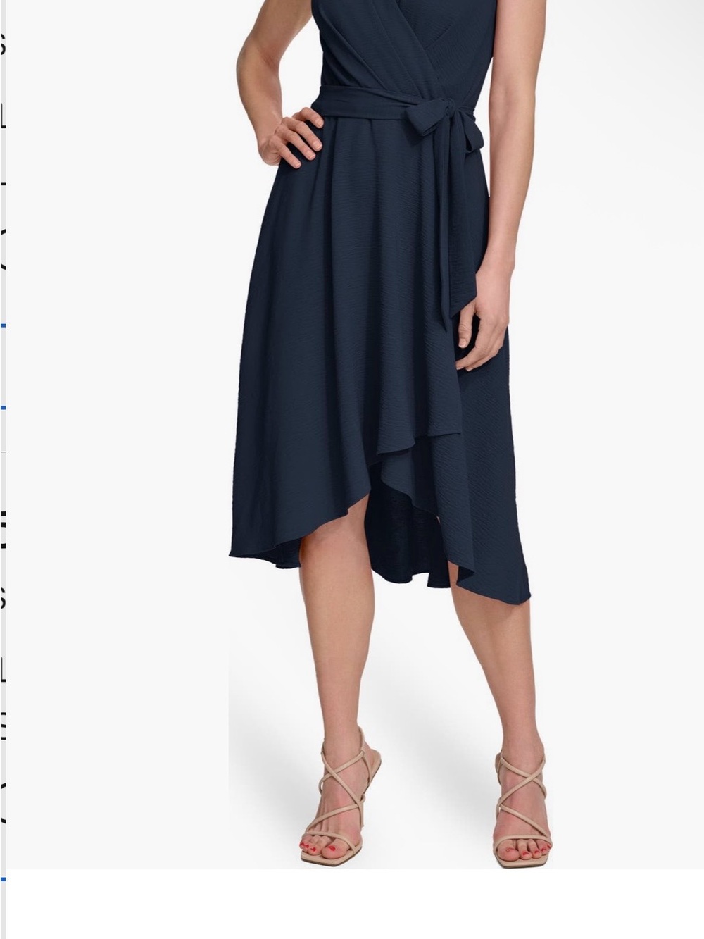 DKNY Navy Asymmetrical Midi Wrap Dress with Tie Waist